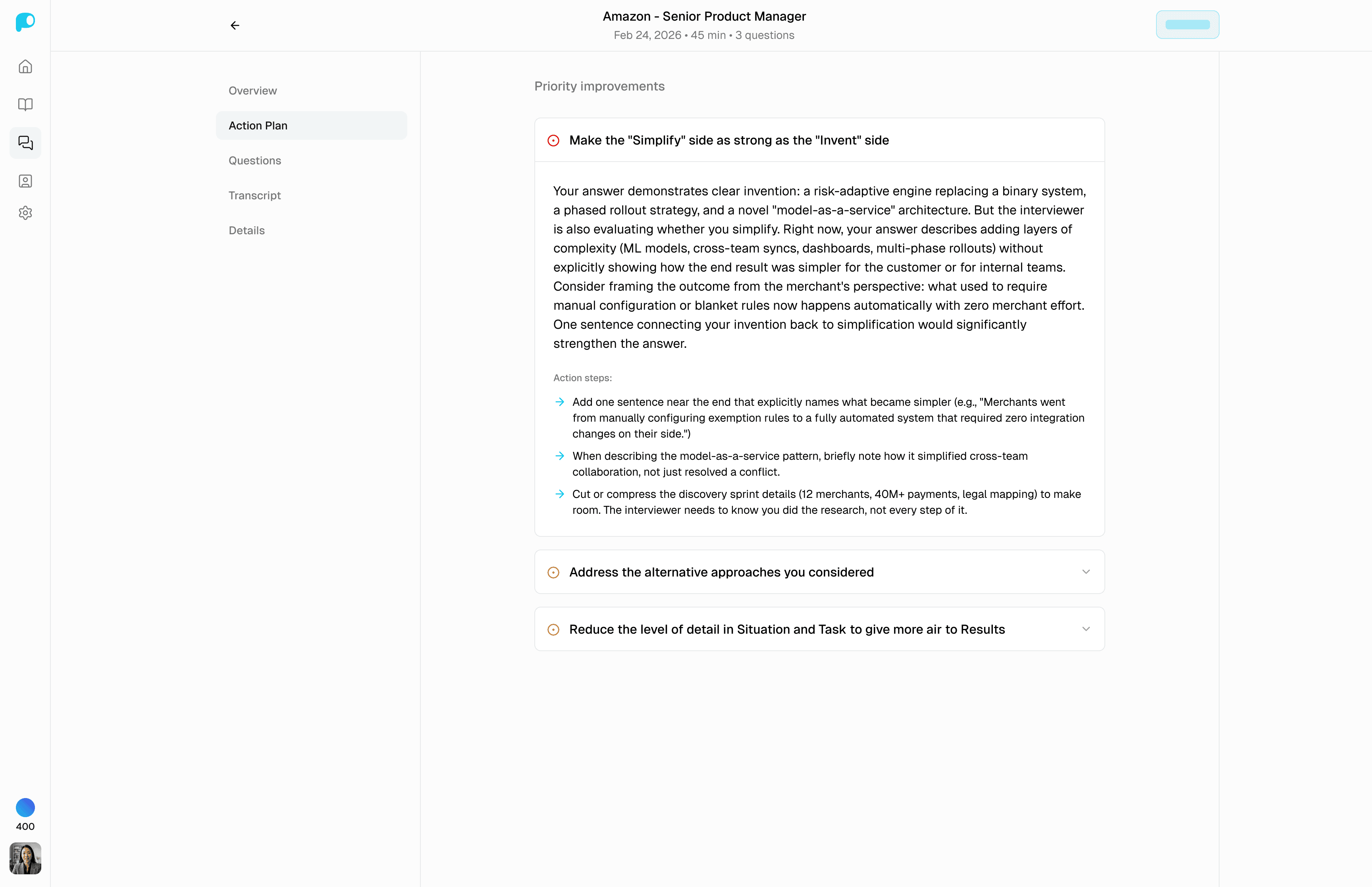 Interview feedback dashboard showing category scores, strengths, and improvement areas