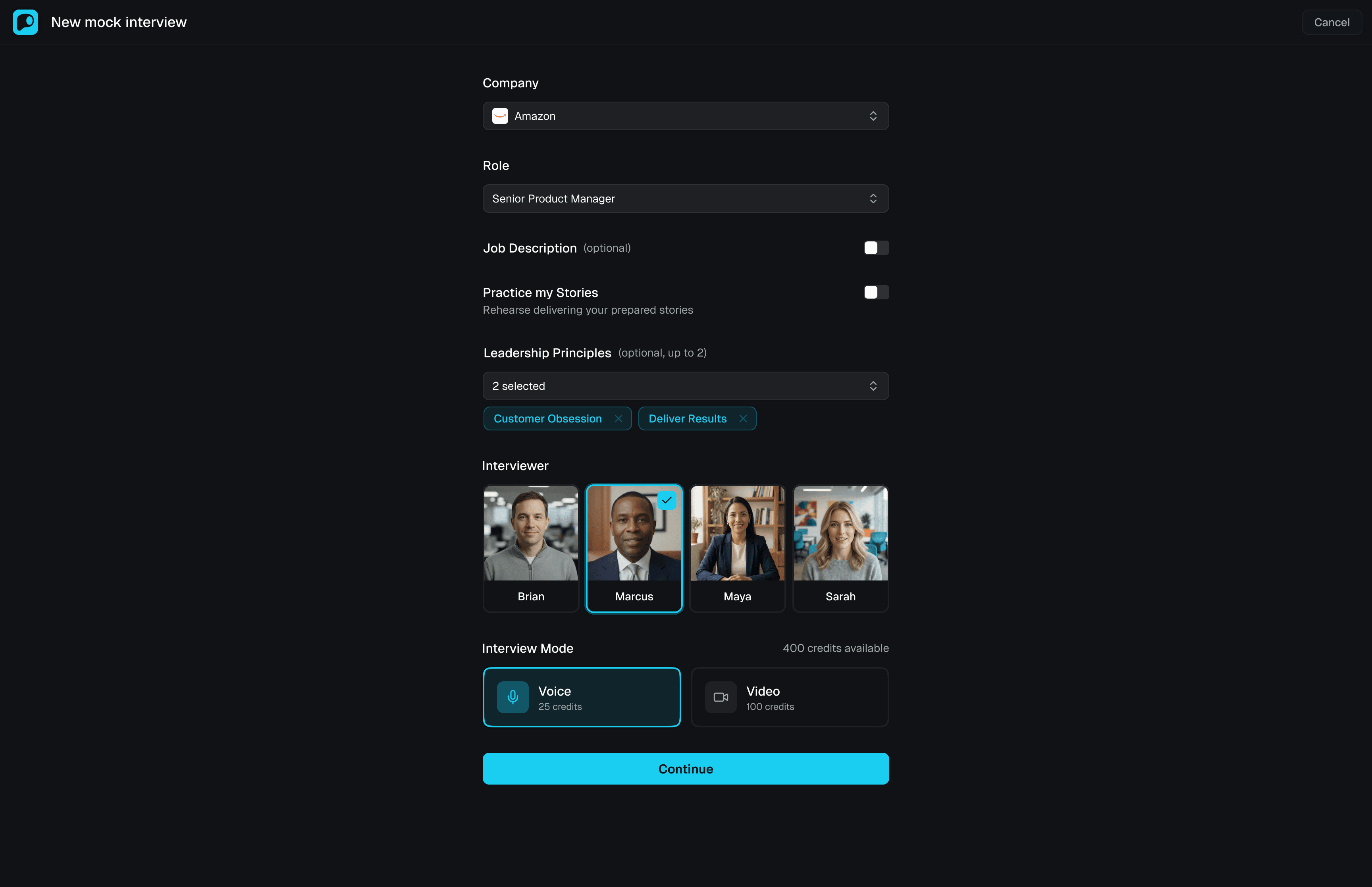 Mock interview setup screen showing company, role, and interview type selection