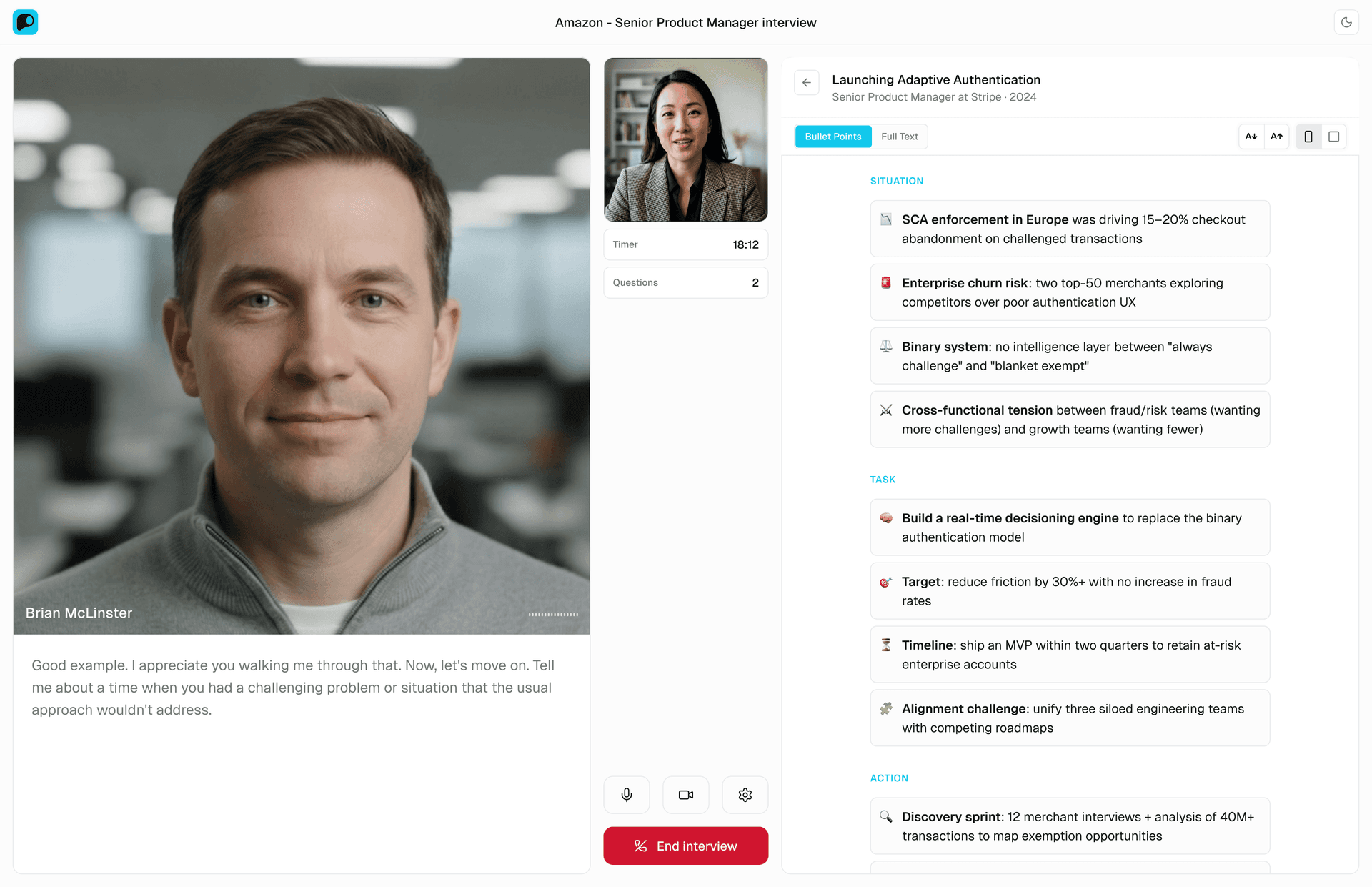 Preper AI video mock interview platform showing an adaptive behavioral interview session